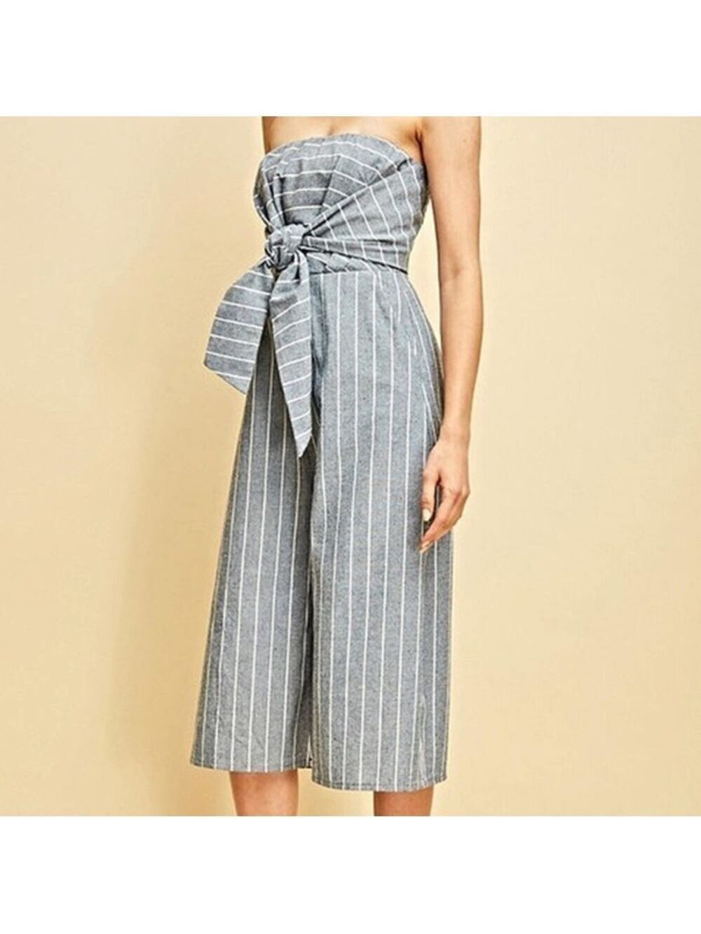 Entro Blue and White Strapless tie front crop wide leg Jumpsuit size medium